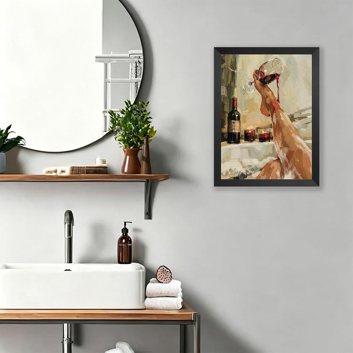 Luxury Bathtub Scene with Wine Glass Wall Art, Elegant Legs & Candlelight Print, Romantic Spa Decor for Master Bath or Bedroom, Black Pine Frame with Adhesive Strips Included