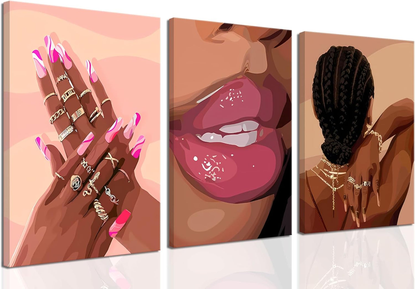 Black Girl Pink Wall Art Set of 3 African American Black Women Canvas Posters Fashion for Bathroom Decoration 12X16 Inch Framed