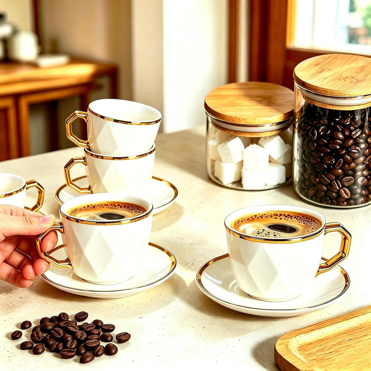 Coffee Cup Set of 6 with Saucers, 3.5 OZ Ceramic Demitasse Espresso Cups