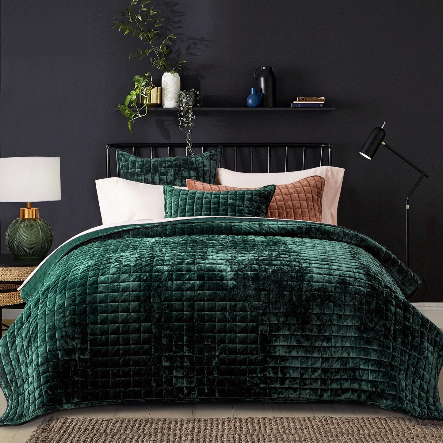Channel Box Stitch Velvet Quilt Set, Full Queen Size, Emerald Green