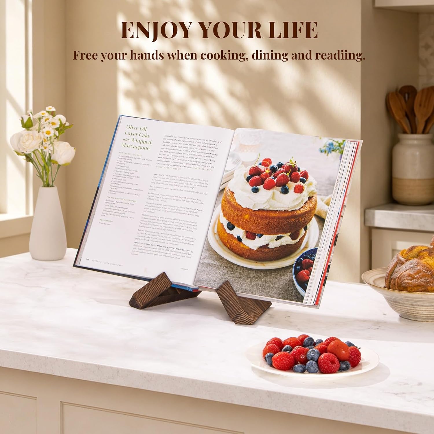 Wooden Cookbook Stand for Kitchen, Recipe Book Holder for Kitchen Counter - Rustic Brown - 1 Set