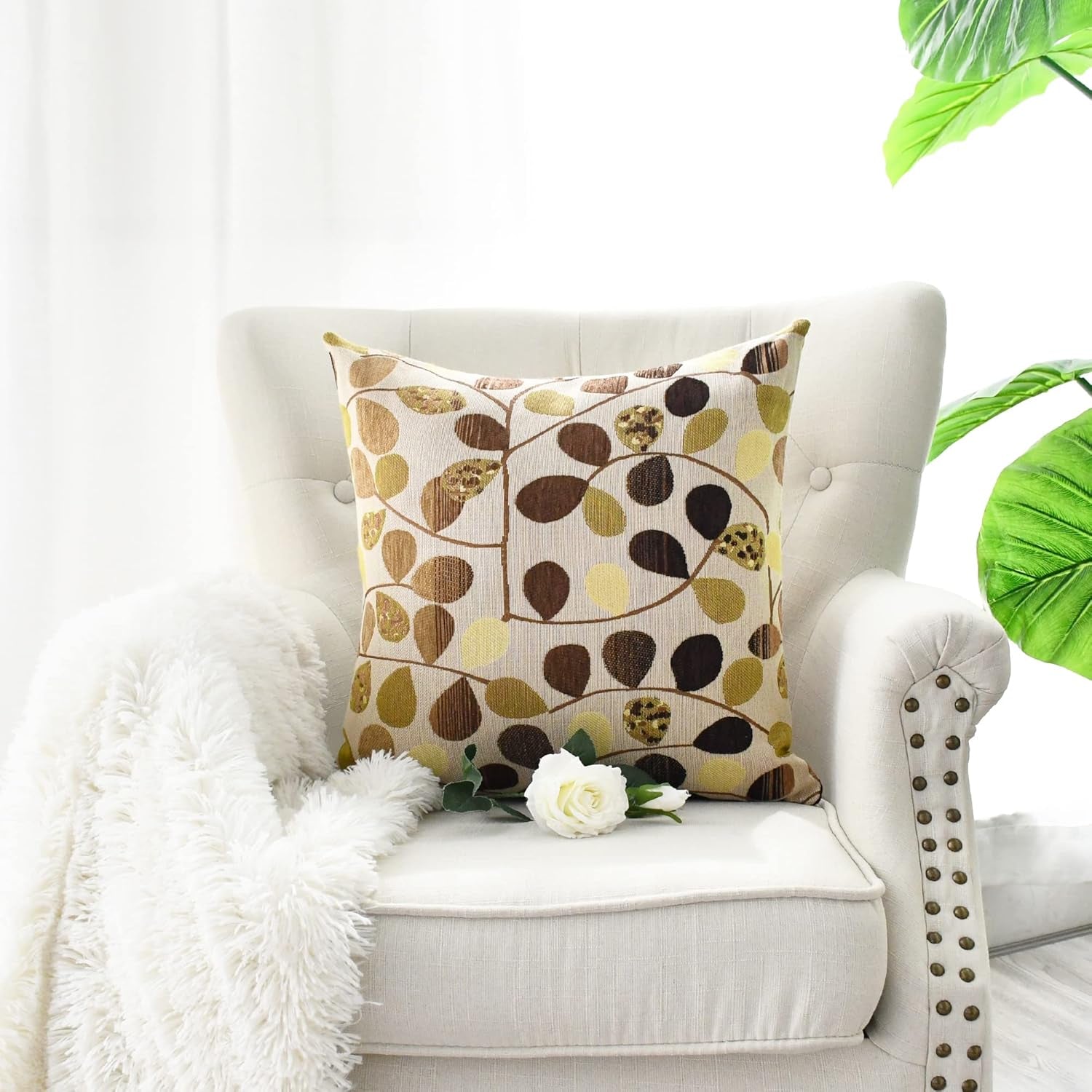 Throw Pillow Covers Luxury Chenille Cute Leaves 20 X 20 Inches Ecru Brown