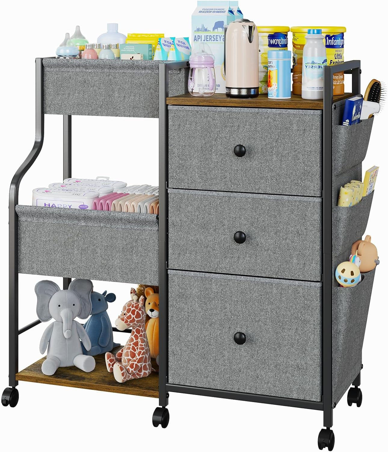 Baby Diaper Caddy, 3 Tier Baby Organizer and Storage Cart with Dividers and Drawers, Mobile Utility Rolling Cart, Grey