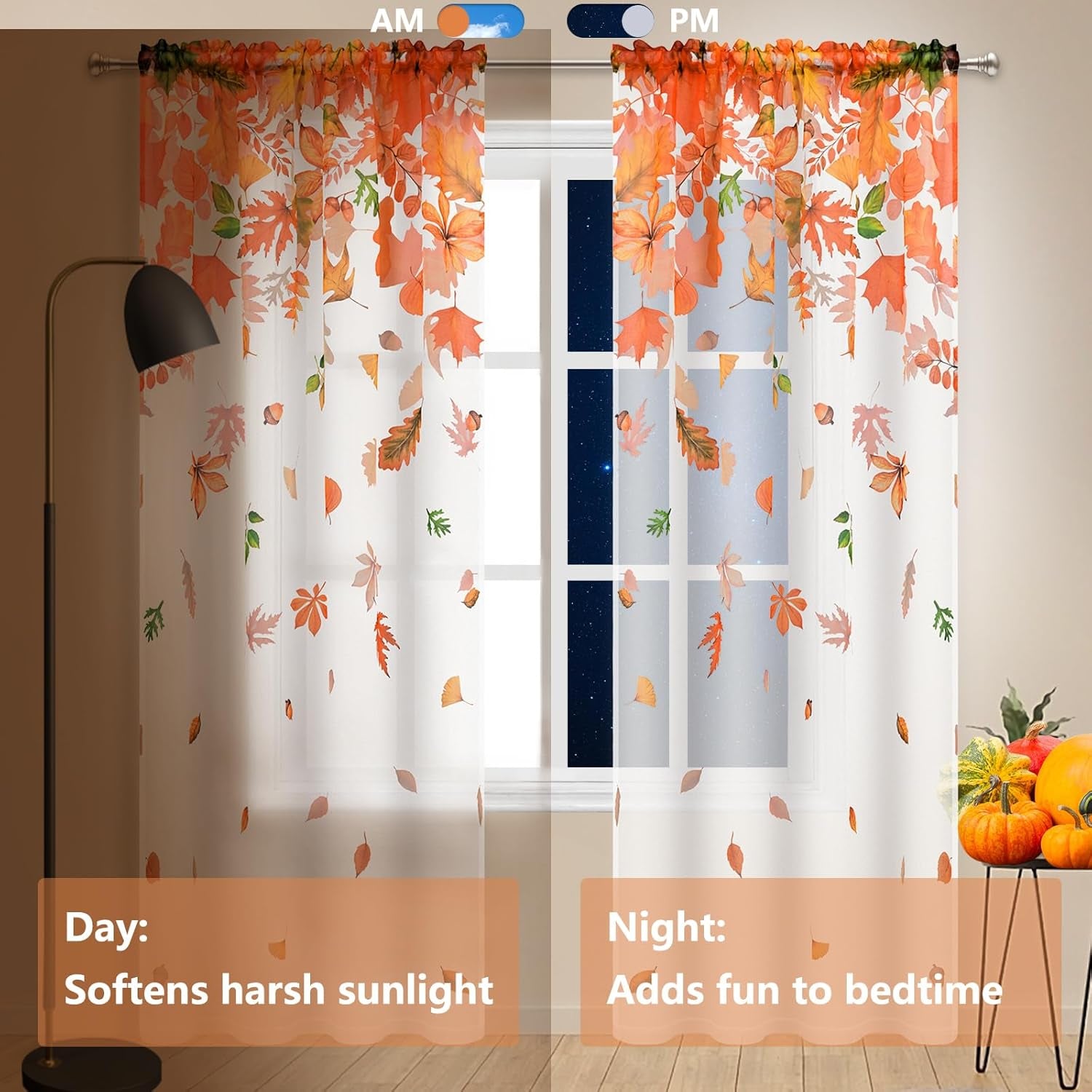 Fall Sheer Curtains, Maple Leaves Semi Window Curtains for Living Room, Light Filter Curtains 2 Panels Set, 52×84 Inch