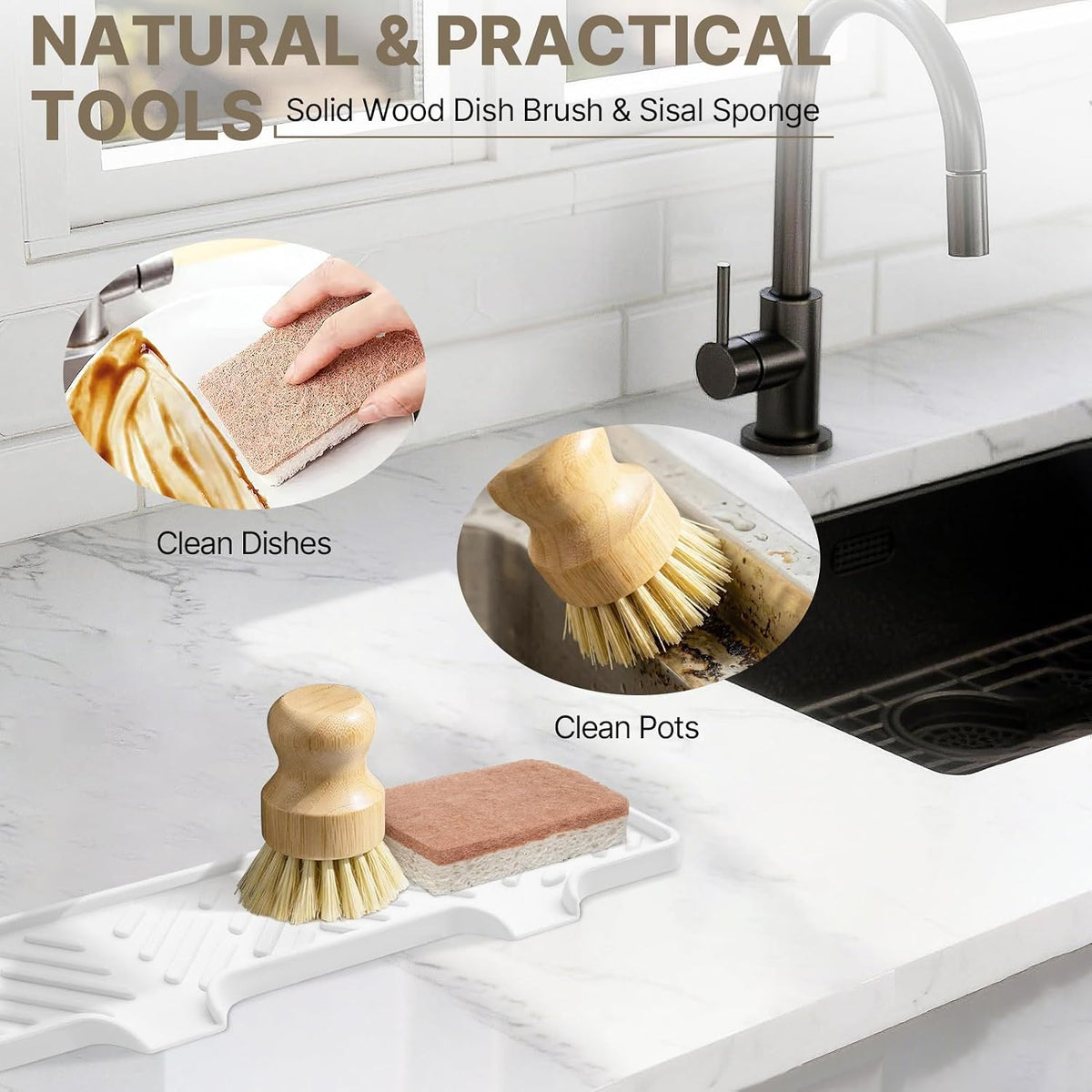 Kitchen Soap Dispenser with Self Draining Silicone Tray, Brush Sponge, Gold