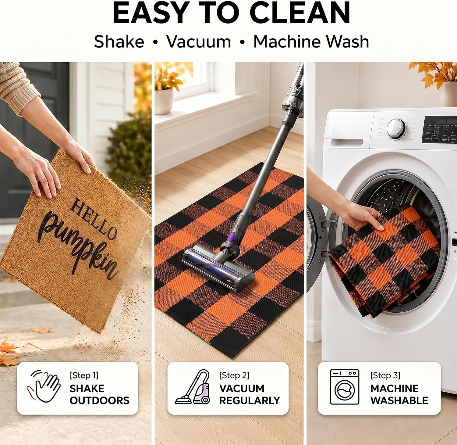 Fall Decor Door Mat Combo Set, 28 X 43 Inches Orange and Black Plaid Rug
