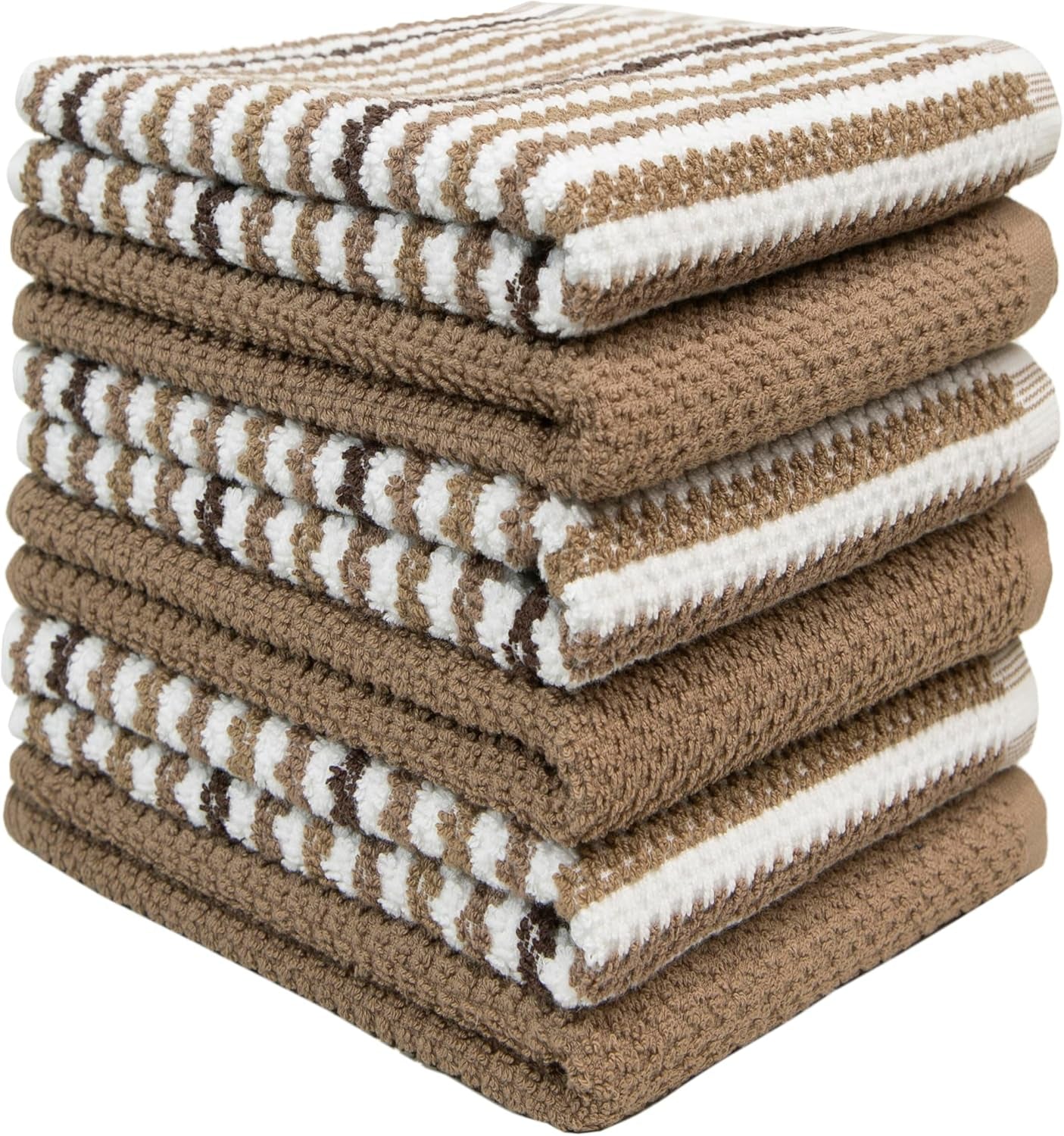 Premium Kitchen Towels (16”X 26”, 6 Pack) Large Cotton Kitchen Hand Towels, Popcorn Striped Design,Tan