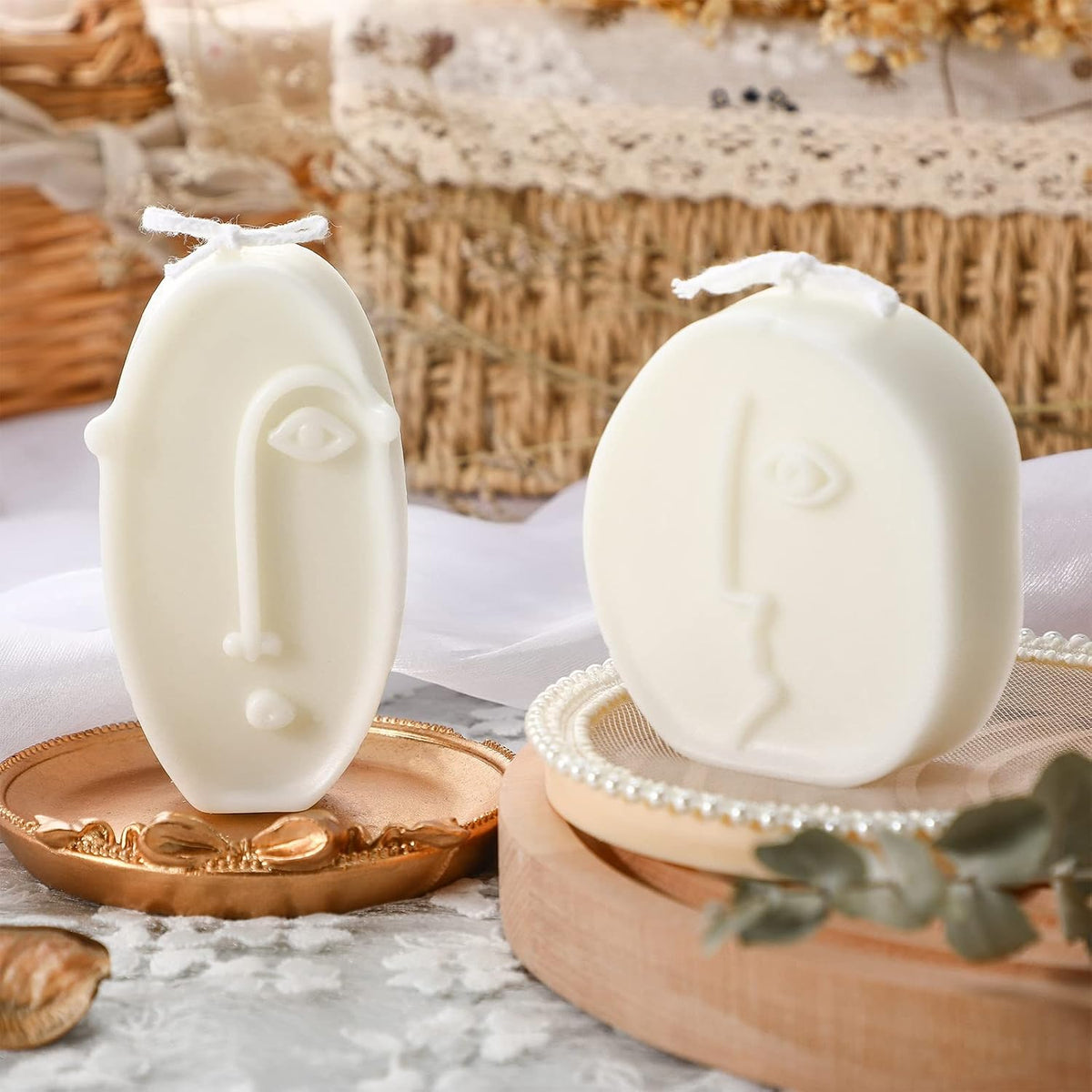 2 Pcs Shaped Candles Cool Candles Aesthetic Weird Face Geometric White Decorative Sculpture Scented Soy Wax Fun Modern Trendy for Bedroom Bathroom Shelf Decor(Cute Style)
