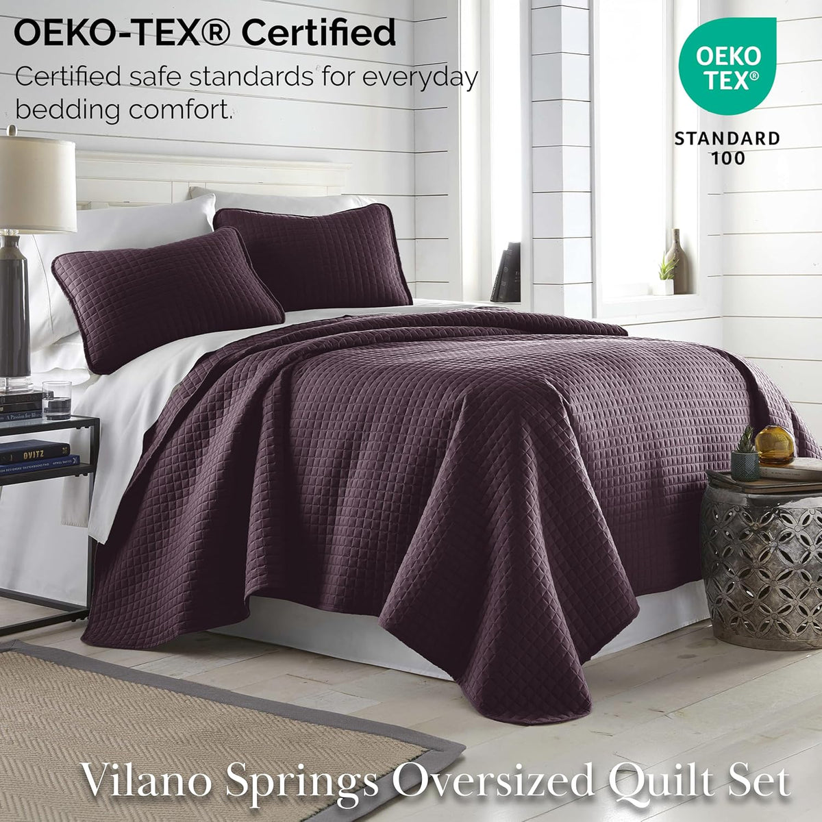 Quilts Queen Size Quilt Bedding Set with 2 Quilted Pillow Shams, Purple