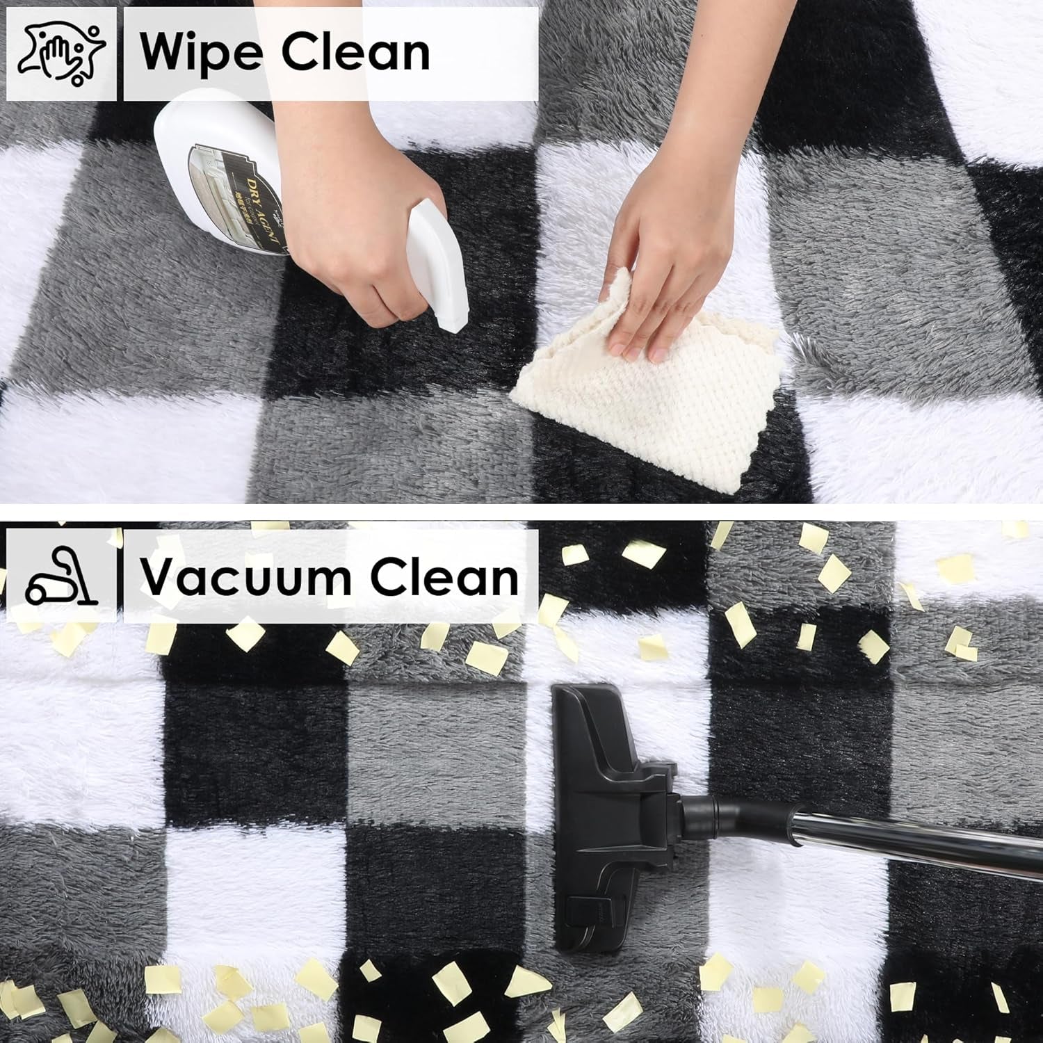 Area Rugs for Bedroom, 4X6 Fluffy Soft Black White Grey Checkered Rug Fuzzy Shag Shaggy Floor Carpet