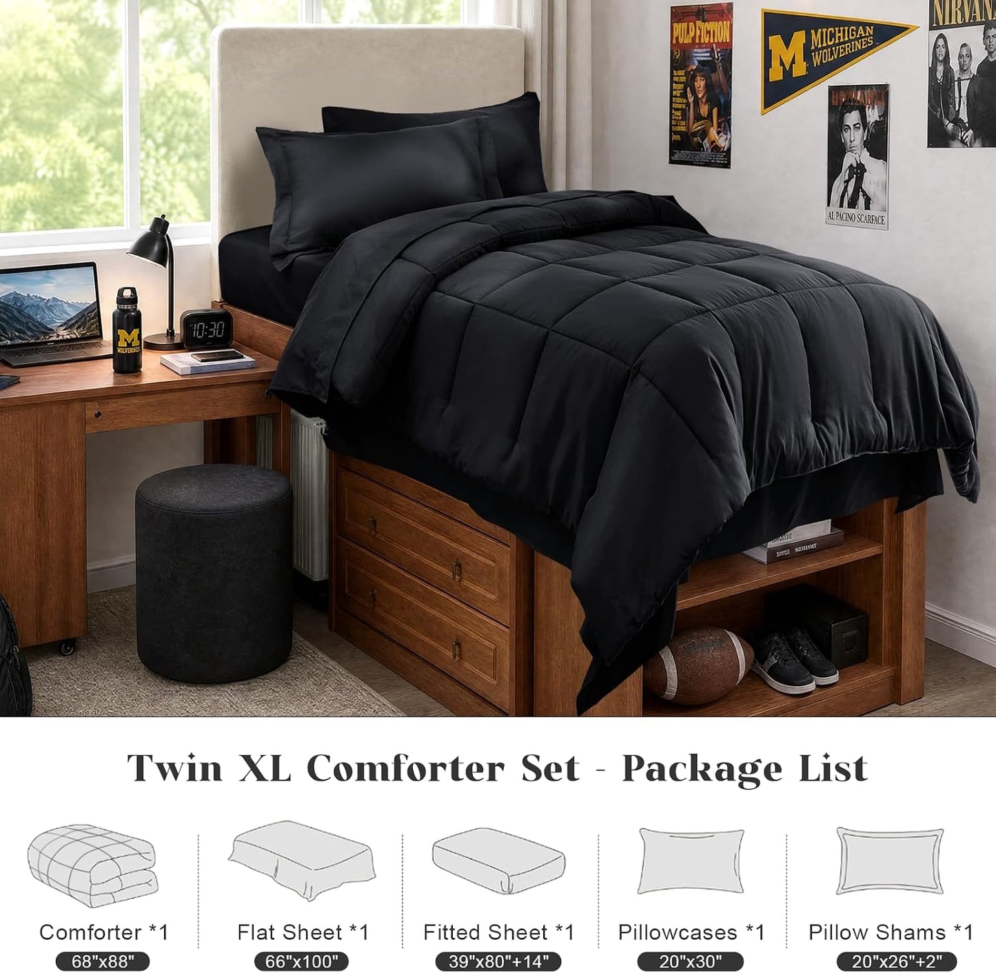 Twin Comforter Set, Ultra-Soft Bed in a Bag Twin Size 5 Pieces, Oeko-Tex Certified Bedding Set with down Alternative Comforter, Sheets, Pillowcases & Shams, Black