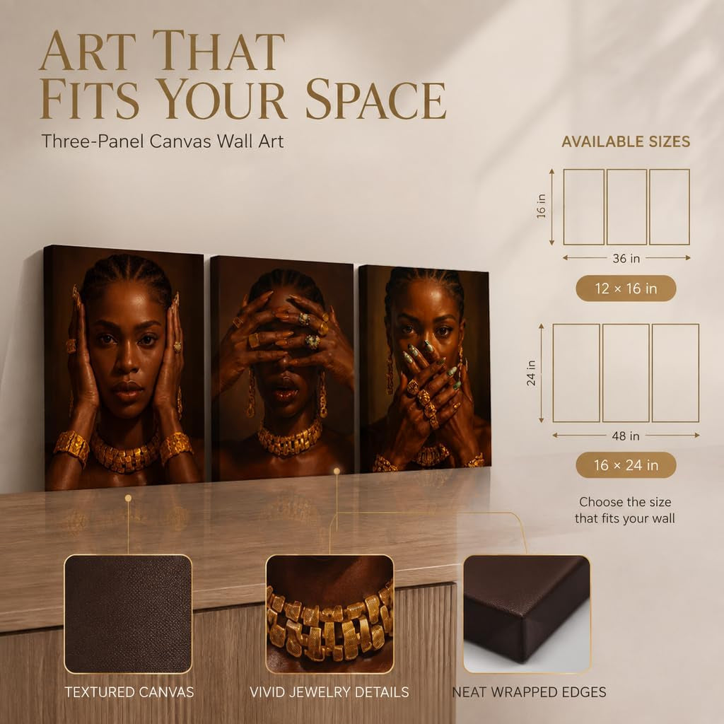 Set of 3 Framed Canvas Wall Art African Woman Portrait Wall Decor Modern Brown Gold Artwork Prints Luxury Fashion Poster Pictures for Living Room Bedroom Office Home Decoration 12X16 Inch