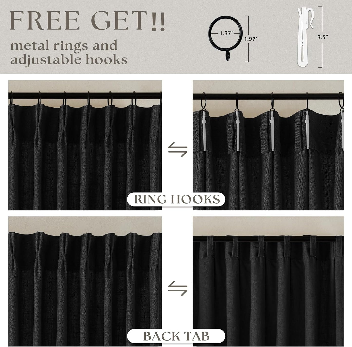 Black Linen Semi Sheer Curtains 90 Inches Long, Light Filtering, Pinch Pleated Curtains 