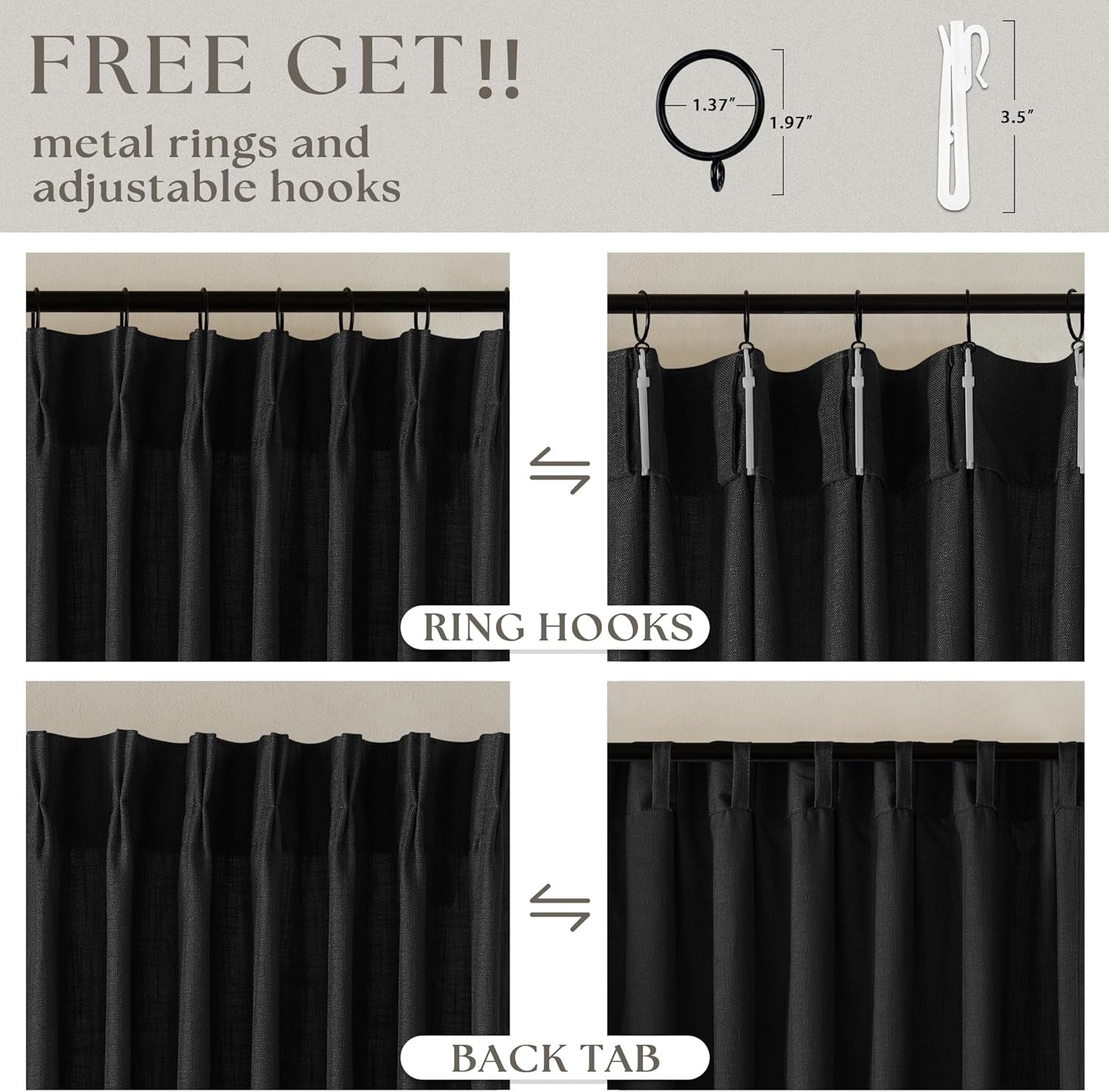 Black Linen Semi Sheer Curtains 90 Inches Long, Light Filtering, Pinch Pleated Curtains 