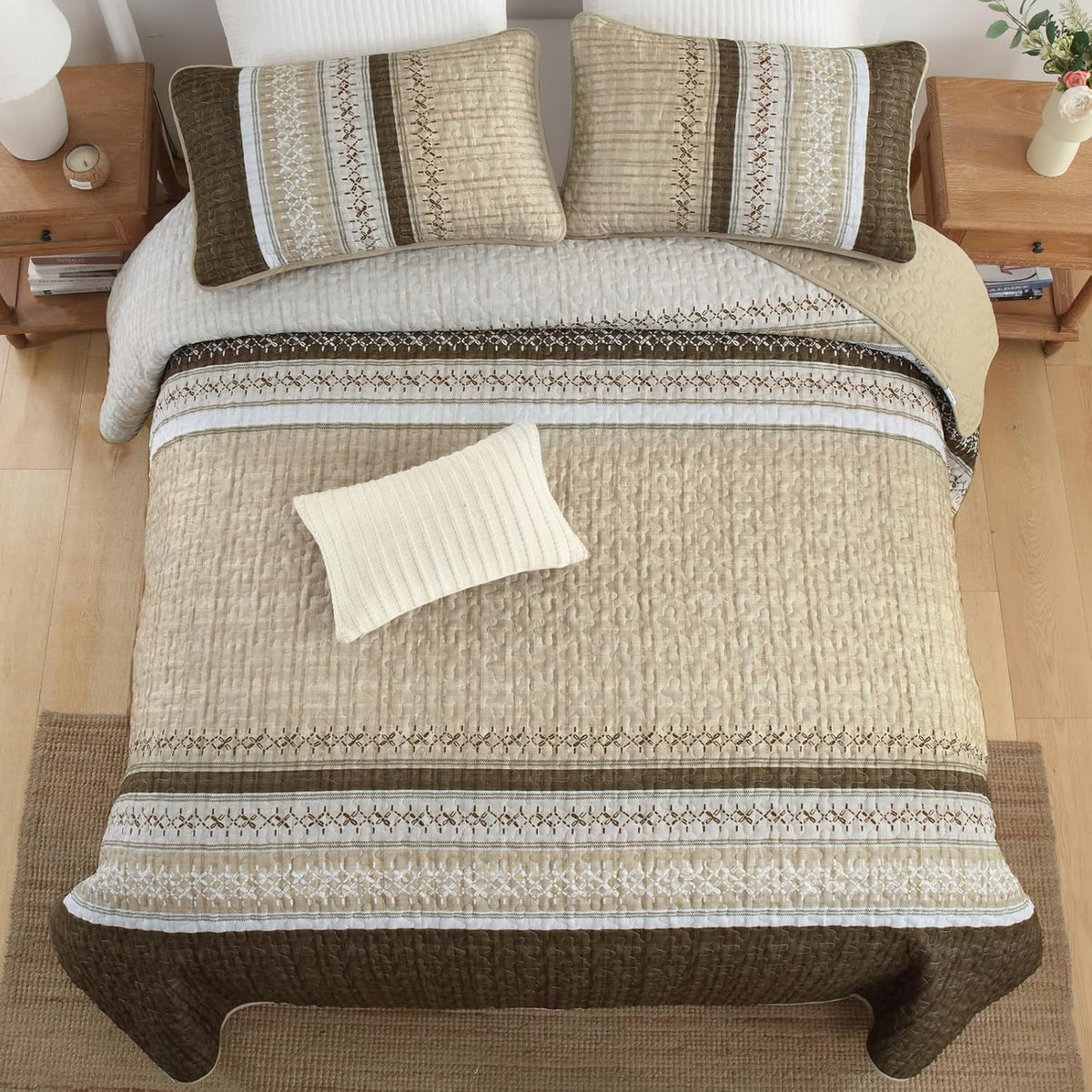 Brown California King Quilt Set,Striped Texture Bedspread 3 Pcs