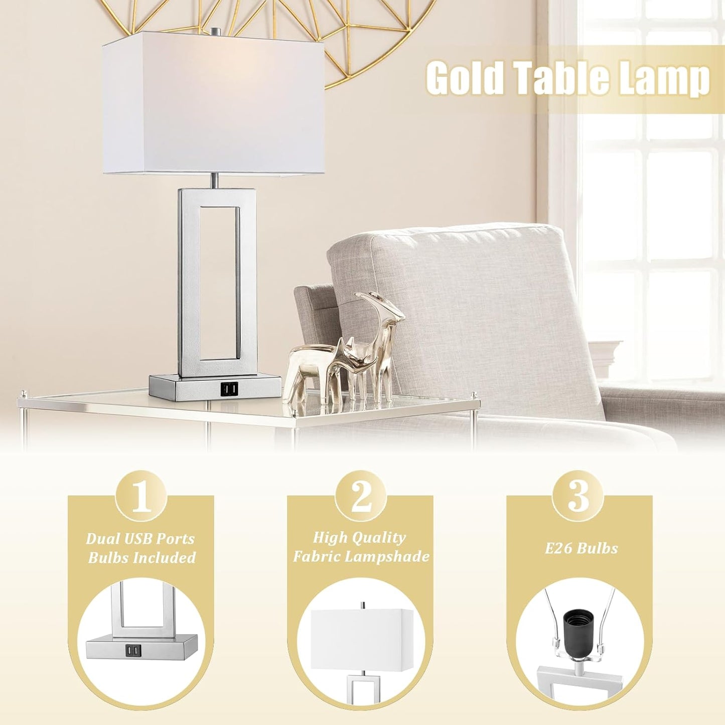 Silver Table Lamps Set of 2 with Dual USB Ports,3-Way Dimmable Touch Control, Bulbs Included