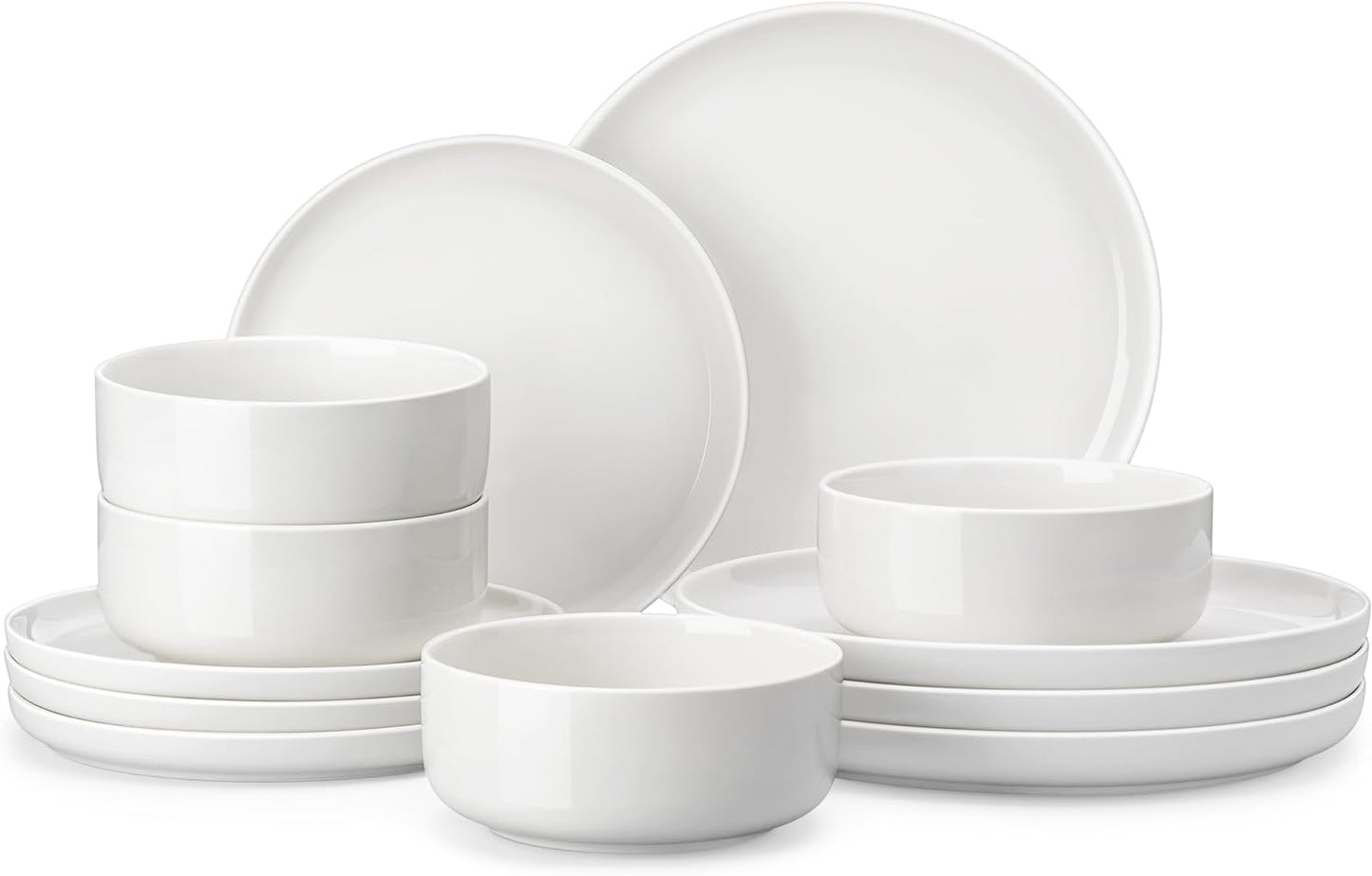 Plates and Bowls Sets, 12 Pieces Porcelain Dinnerware Sets White, Series LUNA