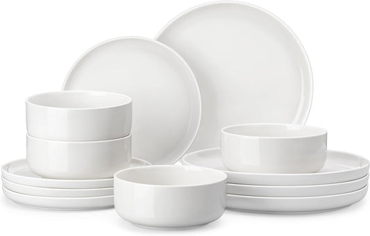 Plates and Bowls Sets, 12 Pieces Porcelain Dinnerware Sets White, Series LUNA