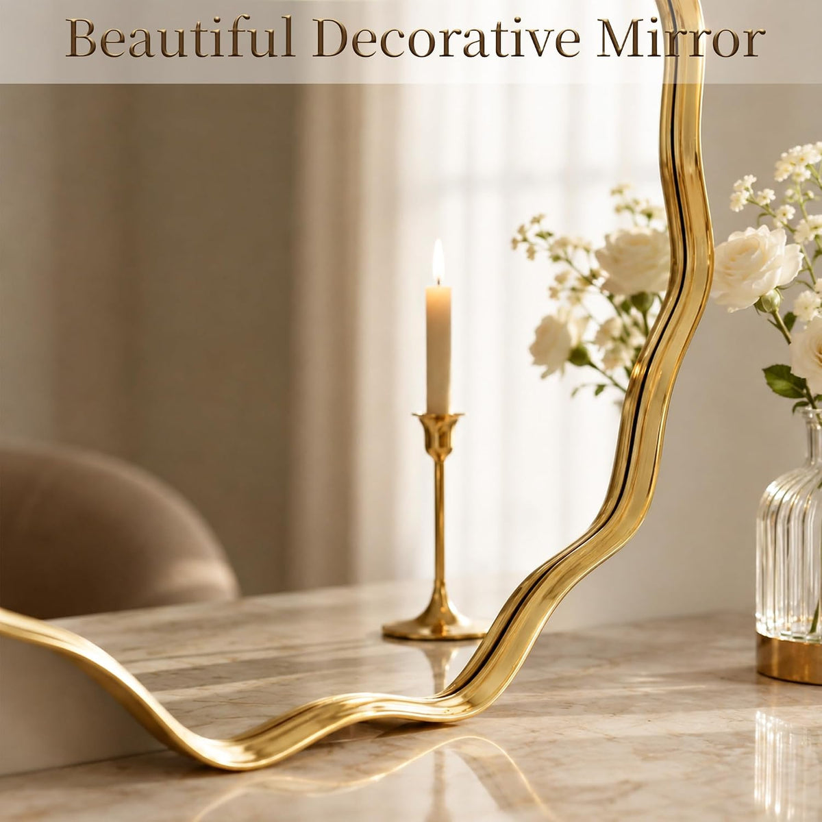 Gold Scalloped Circle Mirror, 24" Wavy Edge round Wall Mirror