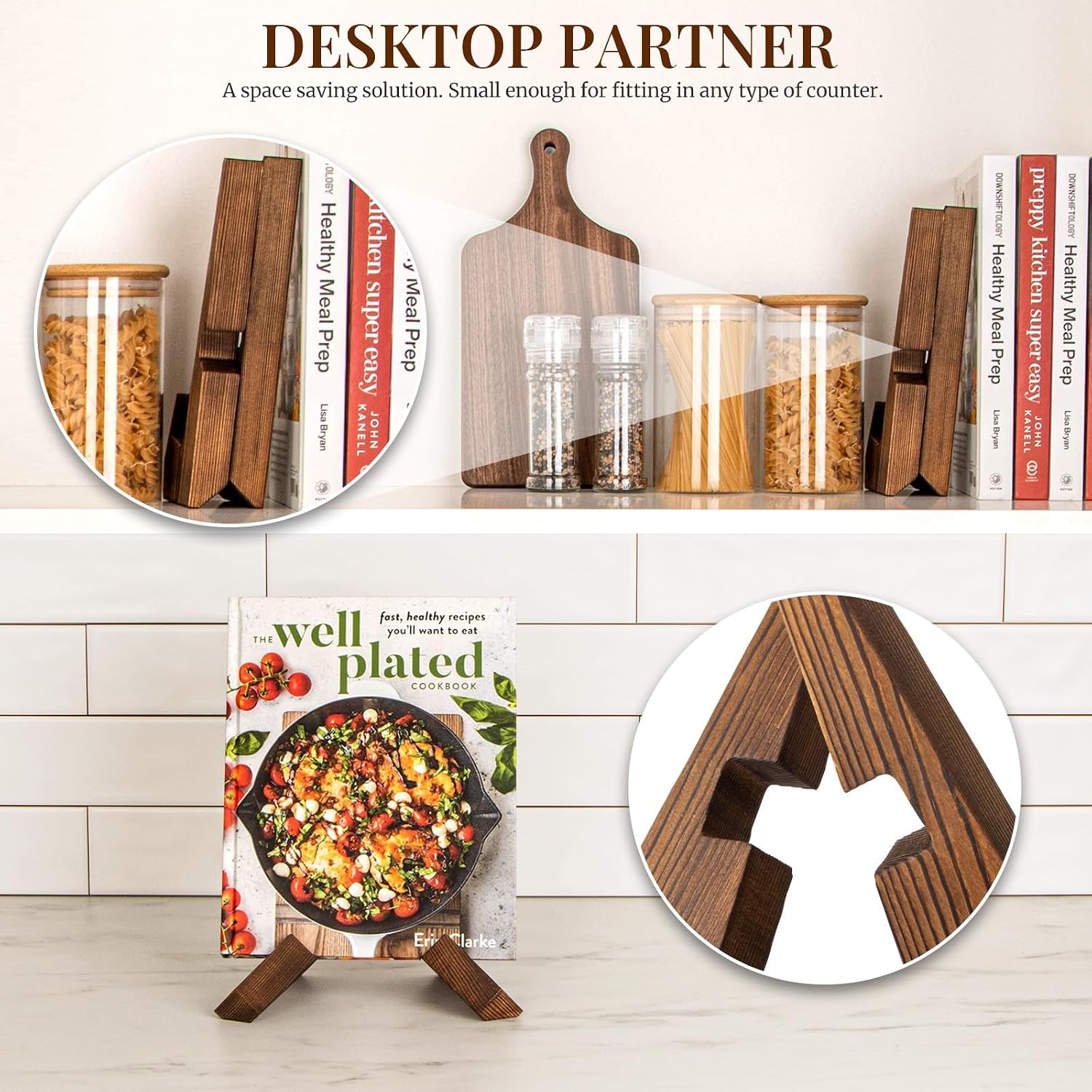 Wooden Cookbook Stand for Kitchen, Recipe Book Holder for Kitchen Counter - Rustic Brown - 1 Set