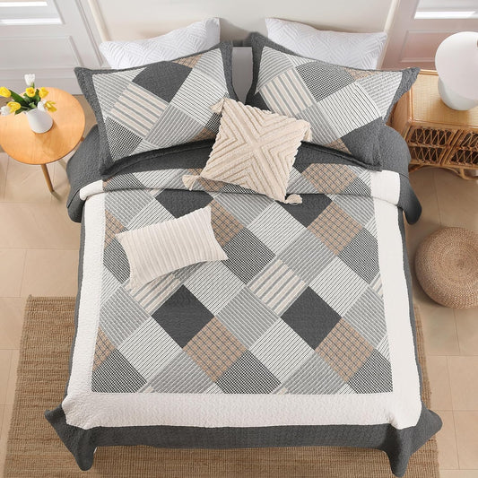 Cotton King Quilt Bedspread Set for King Bed, 3 Pcs, Dark Gray/White/Brown