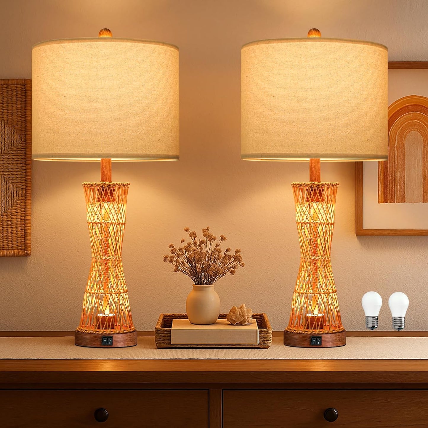 27" Table Lamps Set of 2 with Rattan & Dual Lights, Boho Lamps for Nightstands, Bedside Lamps for Bedroom, Nightstand Lamp for Living Room, Farmhouse Table Lamp for Office & Study
