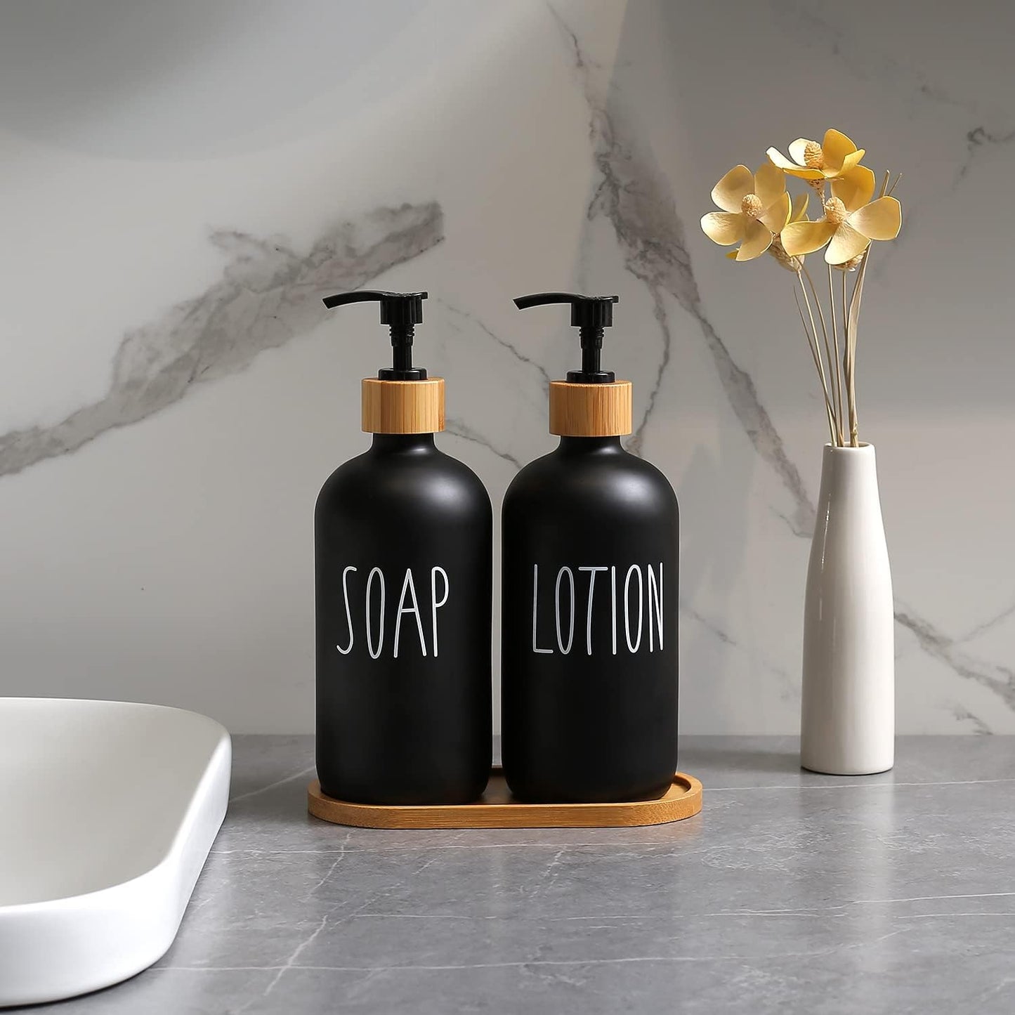 Black Dispenser Bathroom Set With Tray. Hand and Lotion 