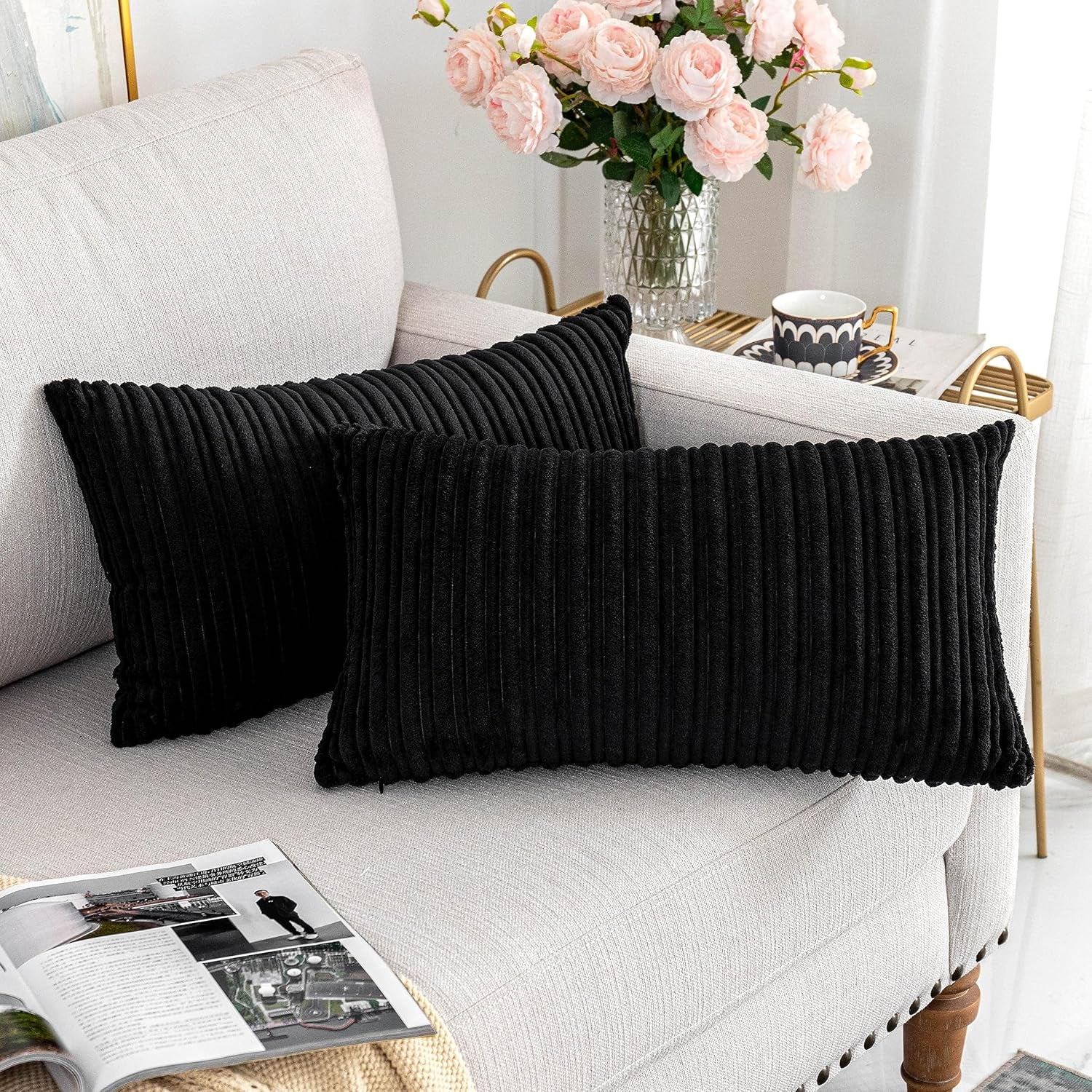 UGASA Velvet Lumbar Throw Pillow Cover, Both Sides Corduroy Striped Soft Solid, 12X20 Inch, Black