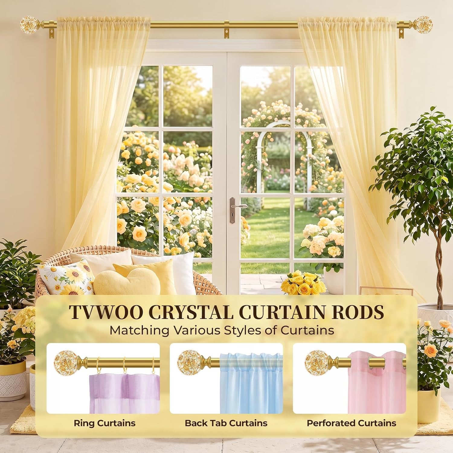 Gold Decorative Crystal Curtain Rods,1" Heavy Duty Adjustable 66-120"