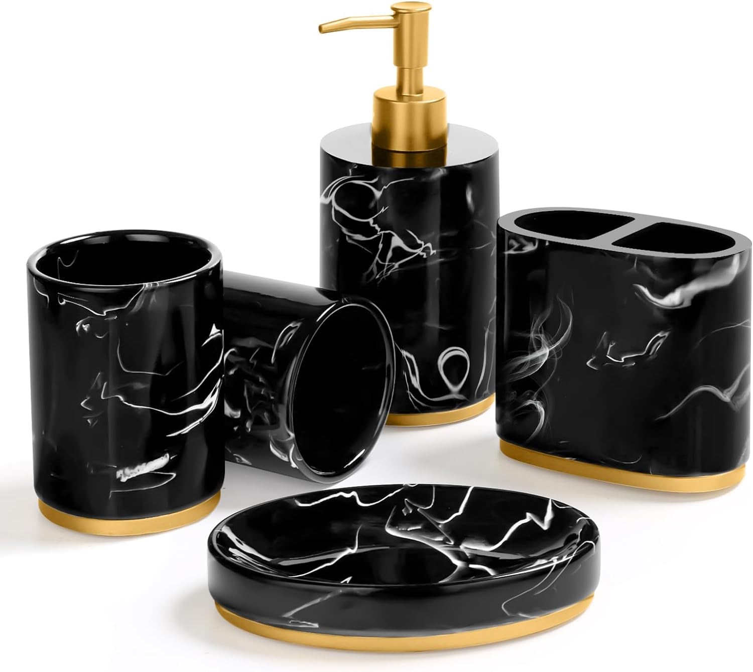 Bathroom Accessories Set, 5 Pcs Marble Black & Gold