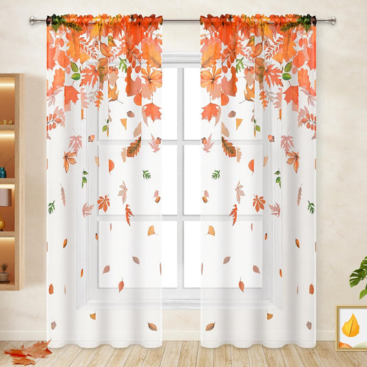 Fall Sheer Curtains, Maple Leaves Semi Window Curtains for Living Room, Light Filter Curtains 2 Panels Set, 52×84 Inch