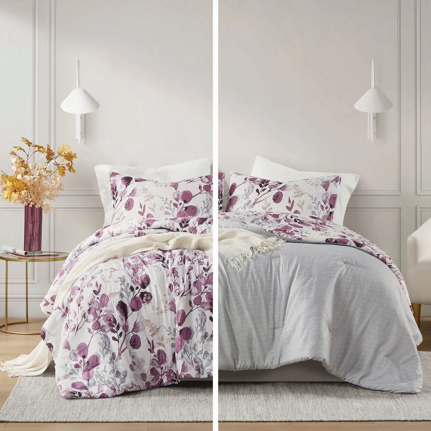 Full/Queen Comforter Sets, Reversible Seersucker Floral Bedding Sets, 3 Piece Lightweight Purple Botanical Flowers Comforter Bed Set