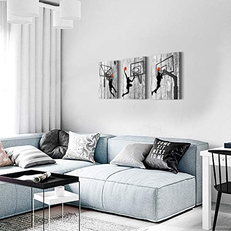 Black and White Canvas Wall Art for Bedroom, Basketball Sport Painting 12" X 16"3 Piece Modern Framed