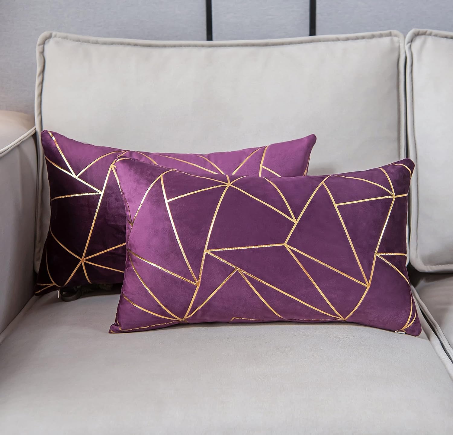 Pack of 2 Soft Velvet Lumbar Throw Pillow Covers Decorative Golden Foil Geometric Pattern Rectangle Cushion Case for Modern Homes Couch Sofa Living Room Car Chair (Shadow Purple, 12“X20”)