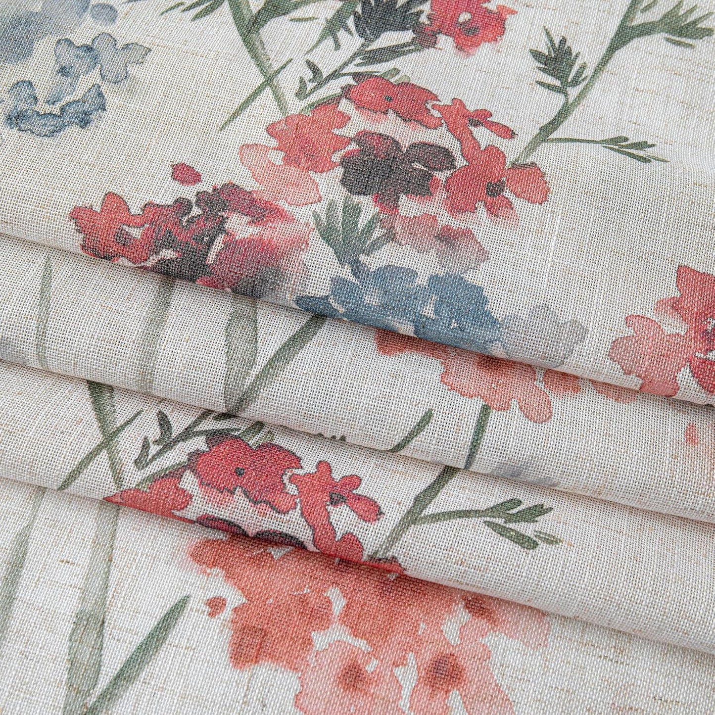 Linen Floral Curtains 84 Inch Length 2 Panels Semi Sheer Light Filtering Privacy Protect Flower Patterned Drapes, 52" Wide, Red, Pack-2