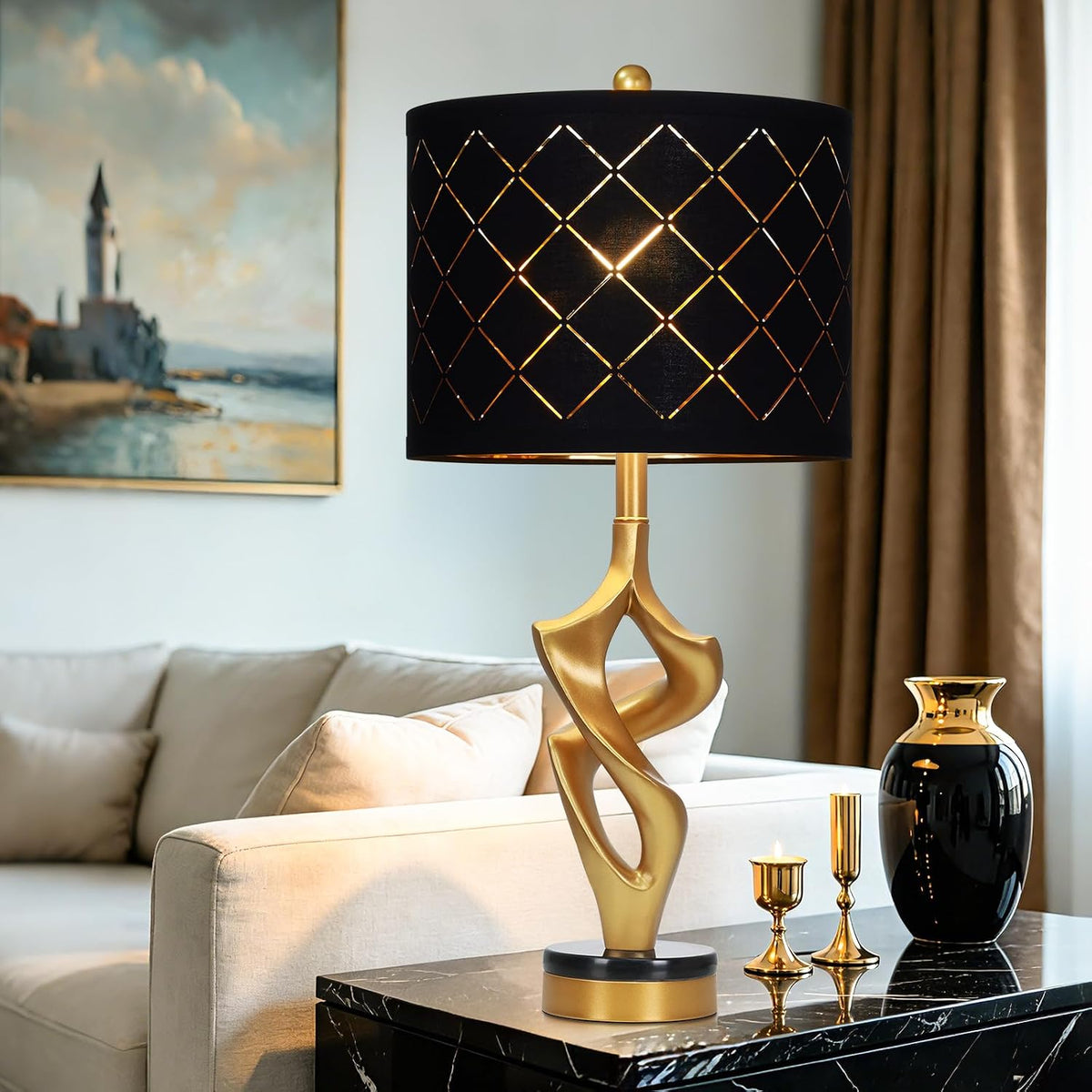 29" Tall Black and Gold Table Lamp, 3 Color Temperatures, Modern Sculptural Resin Lamp with Grid Shade (1 LED Bulb Included)