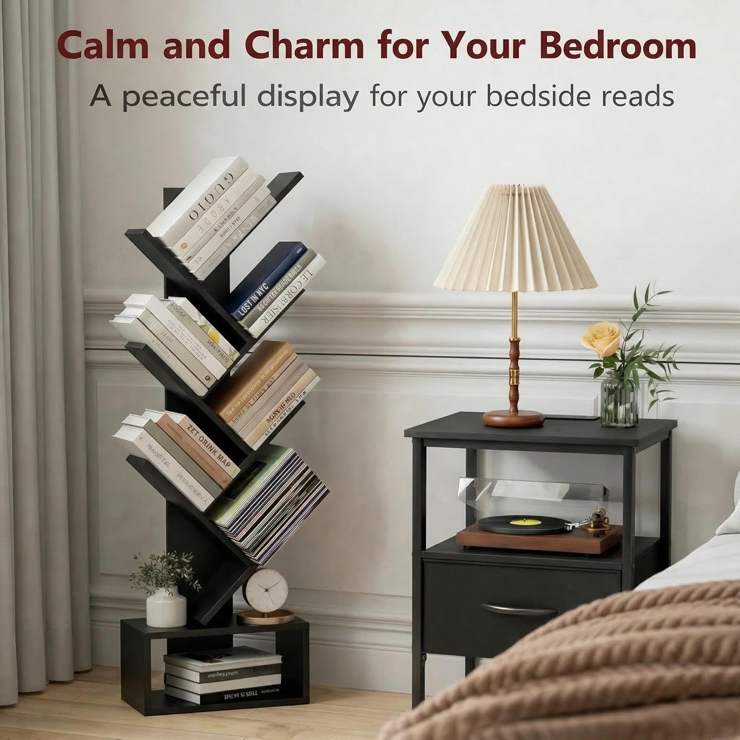 6 Tier Tree Book Shelf - Small Bookshelf Decor, Corner Bookshelf, Living Room Storage, Tall Narrow DVD & CD Shelf Storage Bookshelves, Black