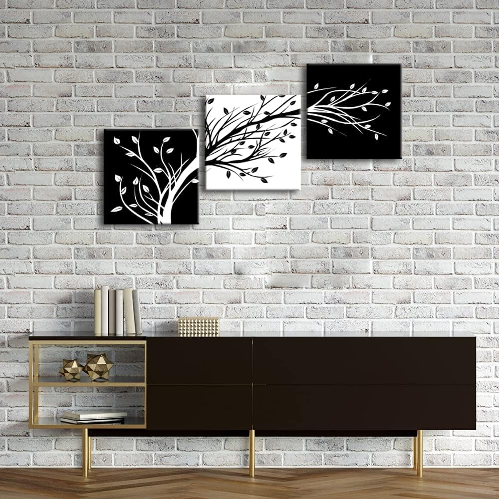 Leaves Modern 3 Panels Flowers Artwork Giclee Canvas Prints Black and White Abstract Floral Trees Pictures Paintings on Canvas Wall Art for Living Room Bedroom Home Decorations