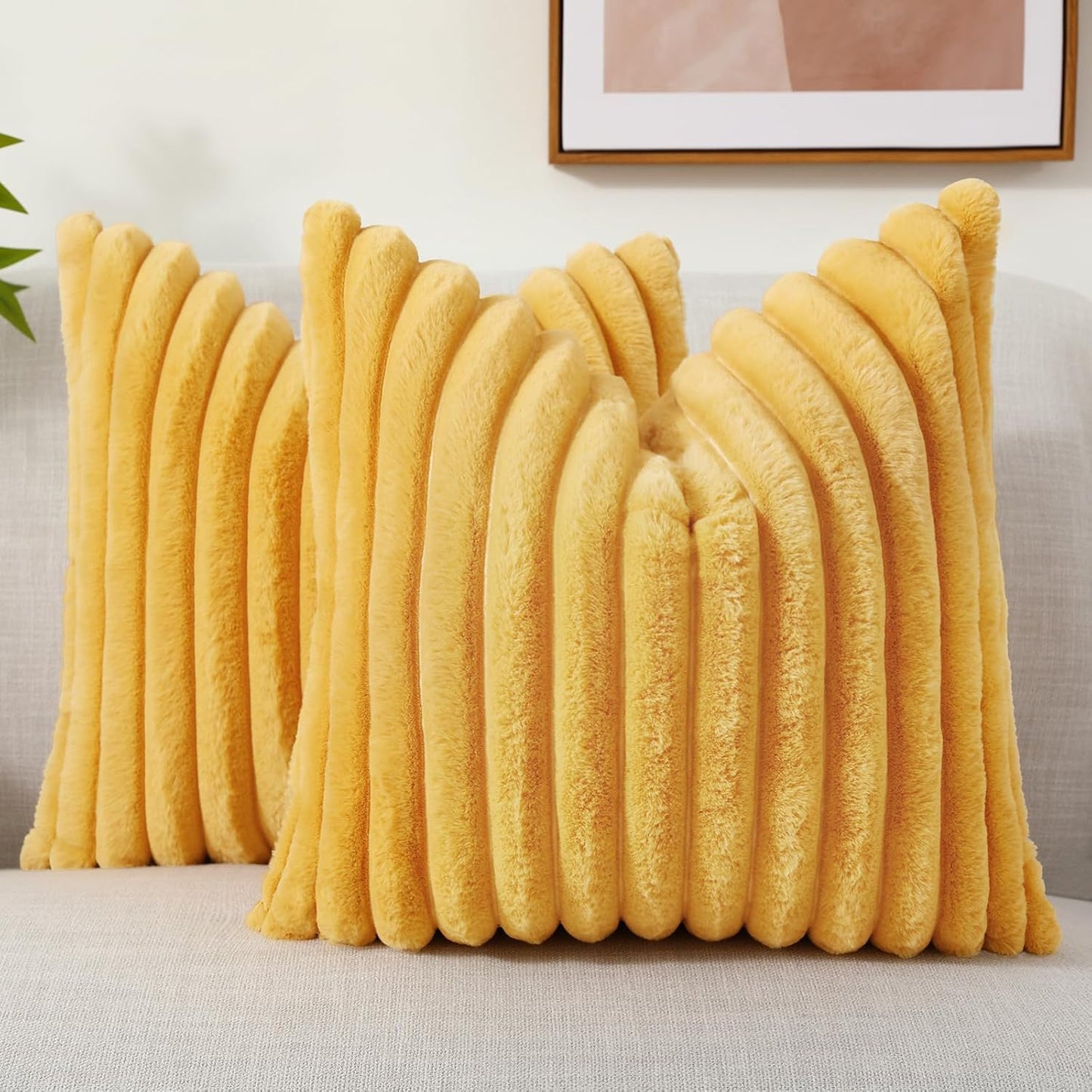 Faux Fur Throw Pillow Covers 18X18 Set of 2, Decorative Soft Plush Striped, Mustard Yellow