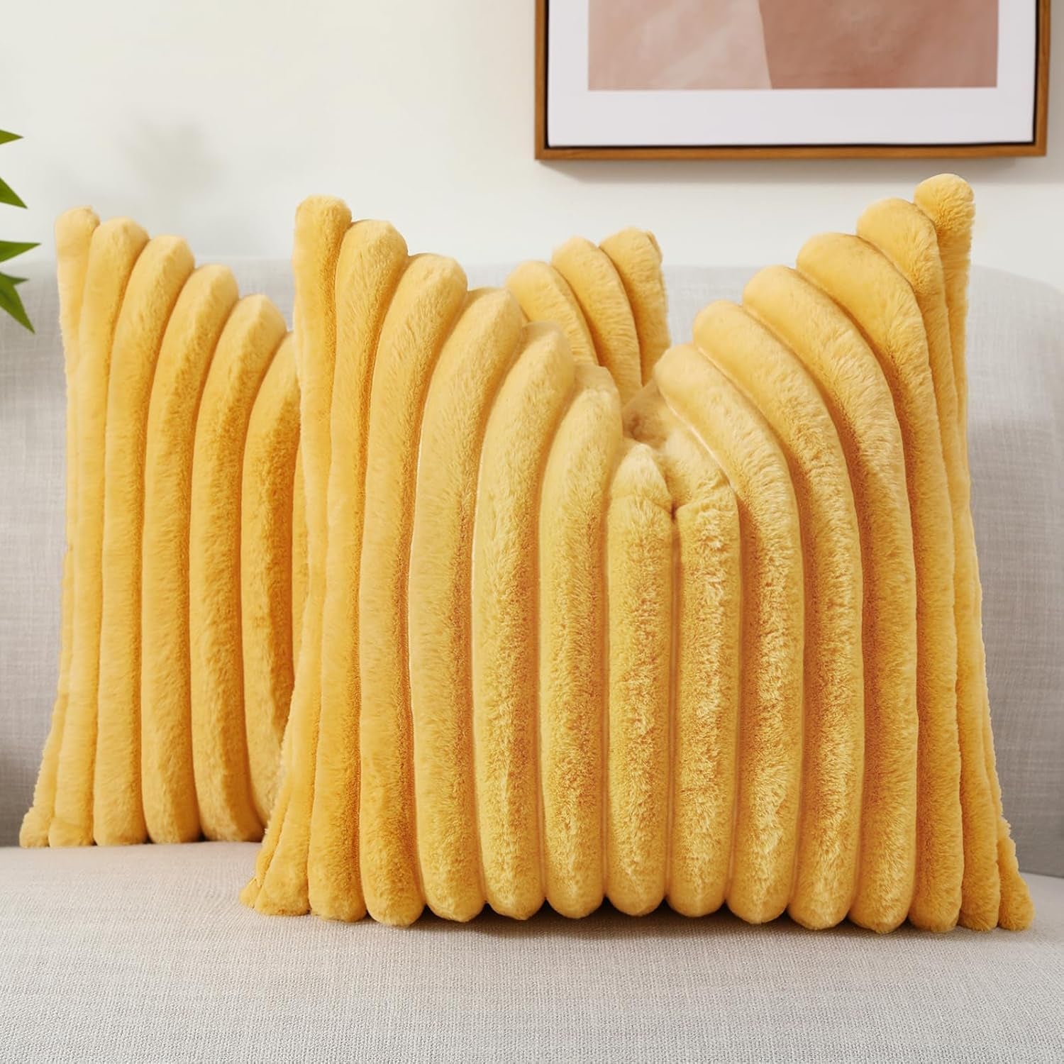 Faux Fur Throw Pillow Covers 18X18 Set of 2, Decorative Soft Plush Striped, Mustard Yellow