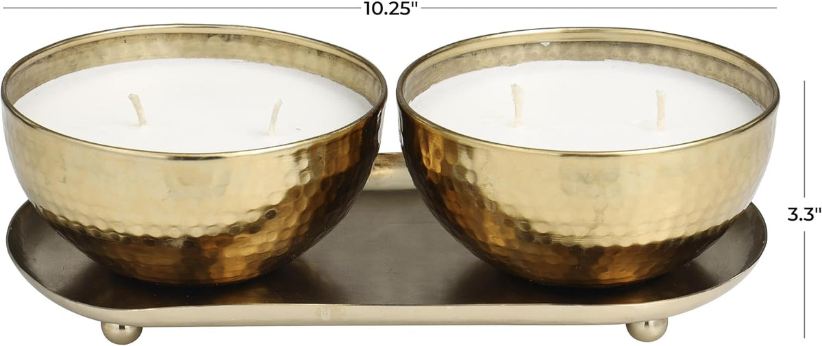 Deco 79 Metal Decorative Candle Egyptian Mint Scented Hammered 12 Oz 2 Wick Aromatherapy Candle with White Wax, Set of 2 Wax Aromatherapy Candle 10" W, 3" H, Gold