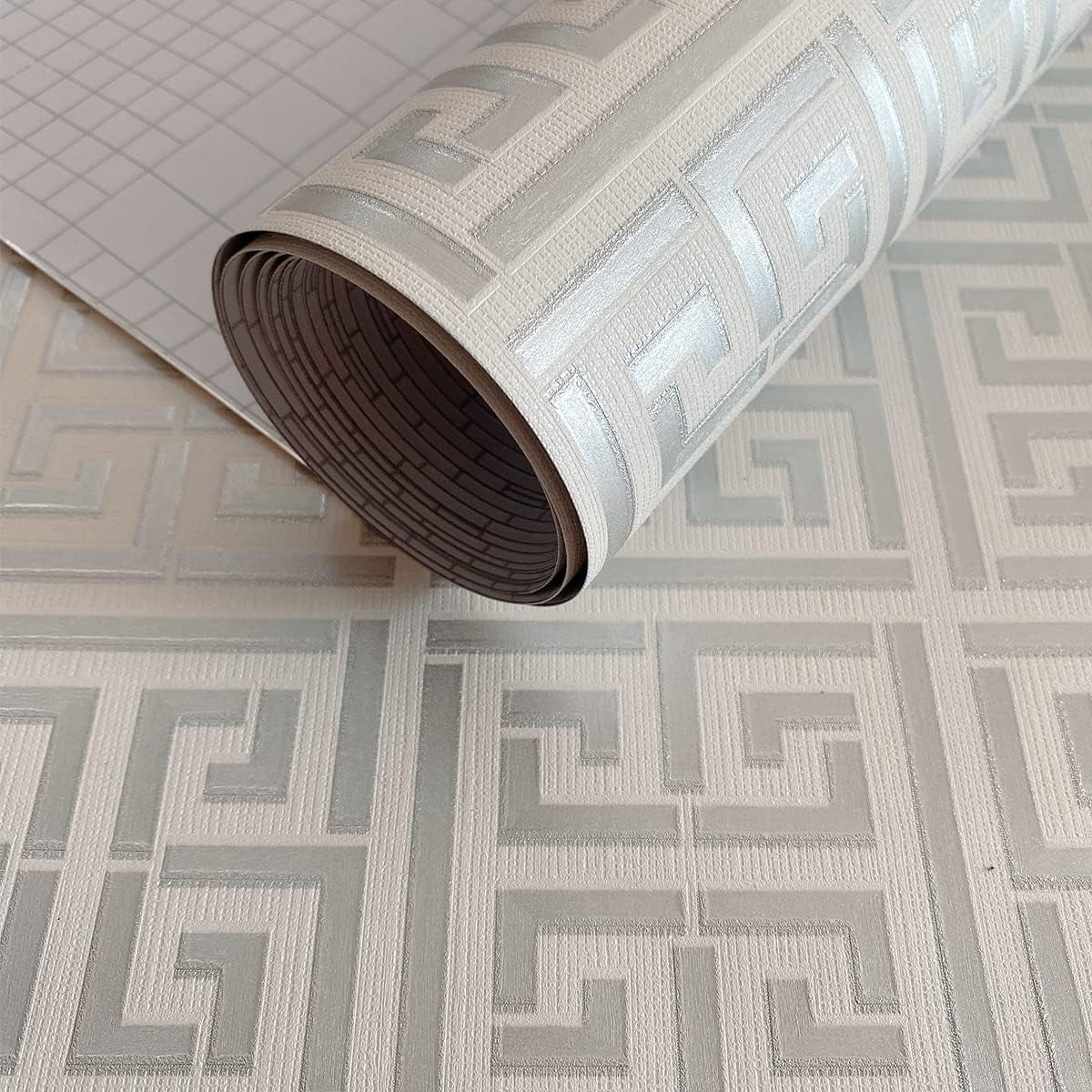 Greek Key Peel and Stick Wallpaper Modern Washable, 20.8"X236.0", Silver