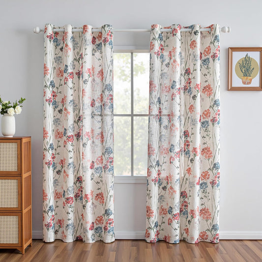 Linen Floral Curtains 84 Inch Length 2 Panels Semi Sheer Light Filtering Privacy Protect Flower Patterned Drapes, 52" Wide, Red, Pack-2