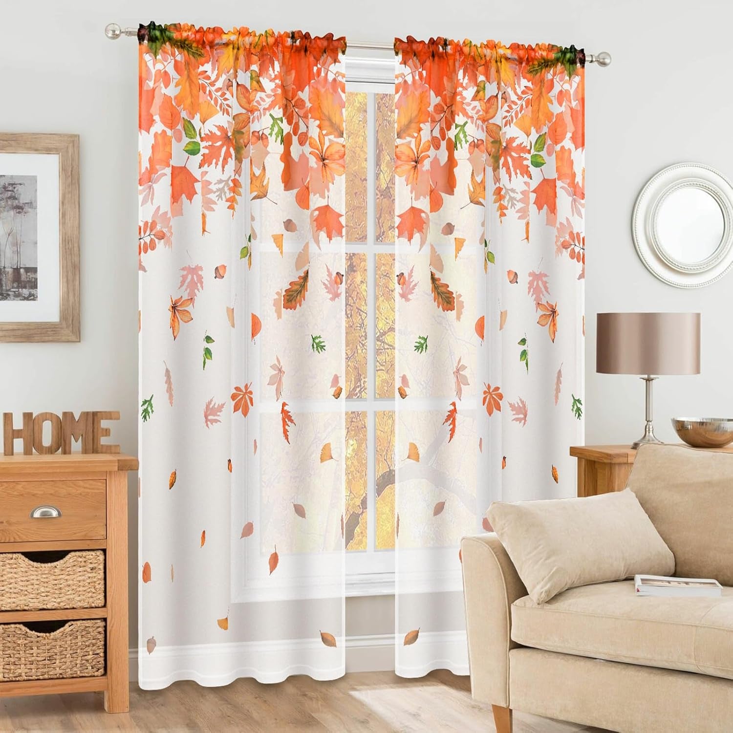 Fall Sheer Curtains, Maple Leaves Semi Window Curtains for Living Room, Light Filter Curtains 2 Panels Set, 52×84 Inch
