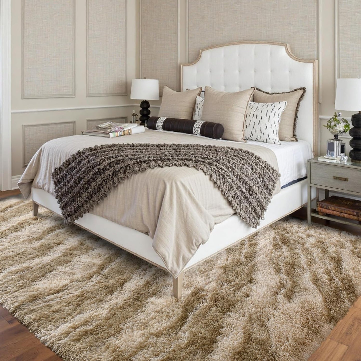  Fluffy Area Rug, 5X8 Non-Slip (Tie-Dye Striped Tan)
