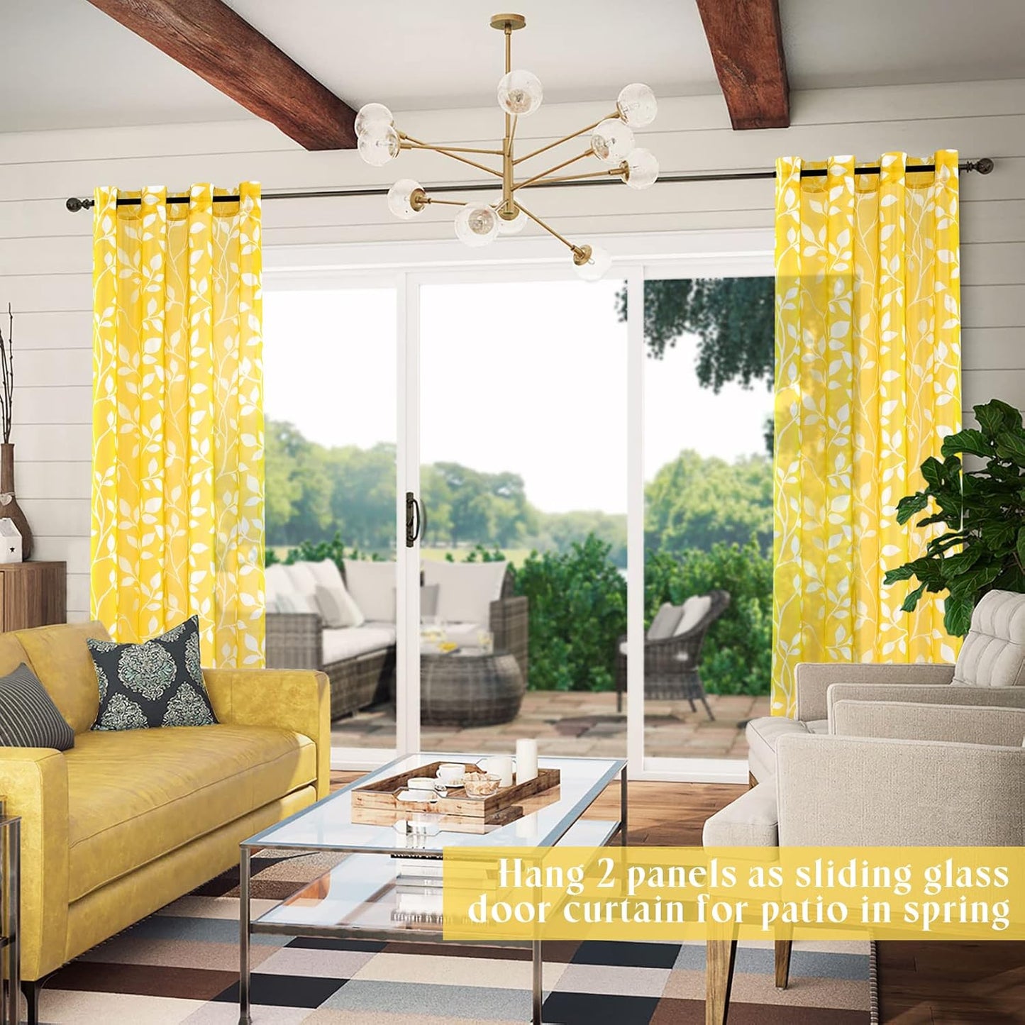 Yellow Sheer Pattern Curtains 84 Inches Long, Spring Decor Lightweight Leaf Floral Printed Curtains 2 Panels Set, Mustard Yellow and White