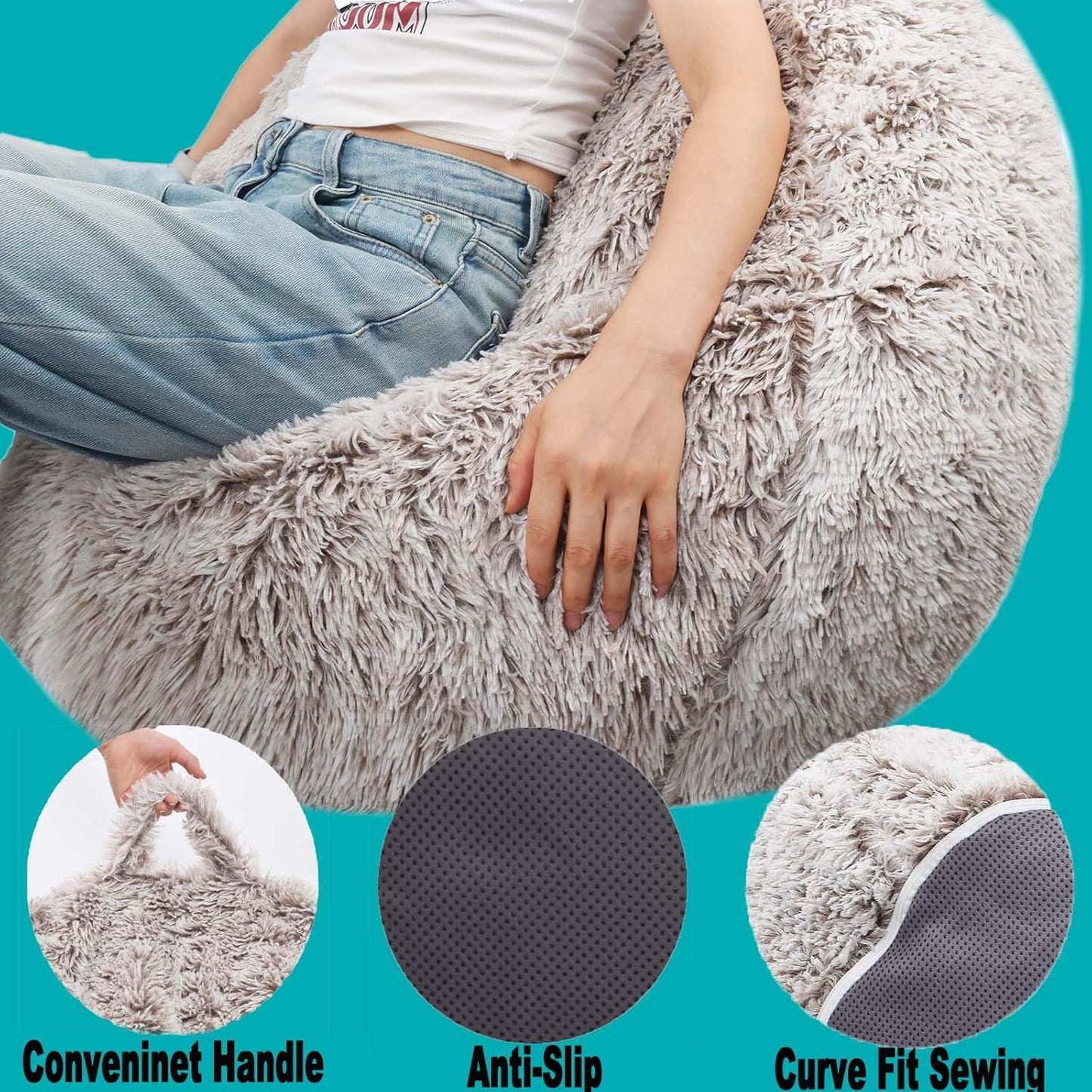 Fluffy Stuffed Animal Storage Bean Bag Chair Cover (No Filler), for Adults Teens Kids Girls, Heather Camel