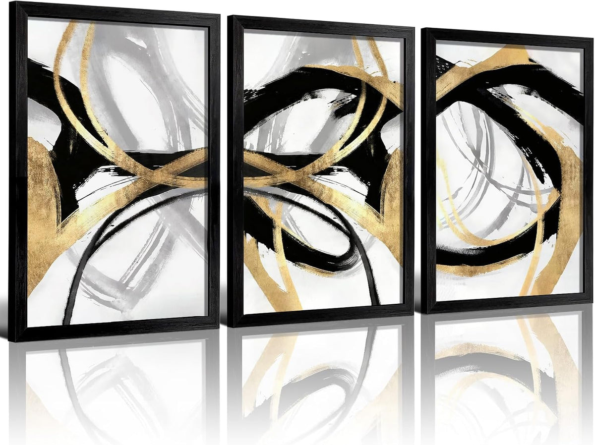 3Pcs Black Framed Black Gold and White Canvas Wall Art 12X16 Inches