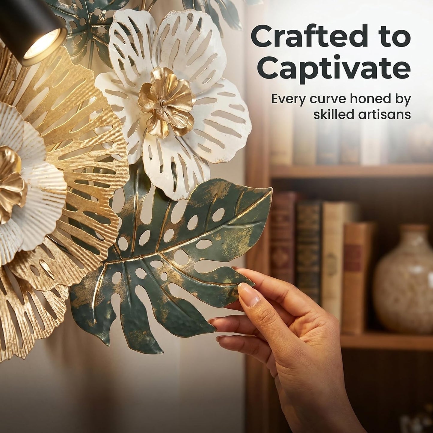 Large Modern Metal Wall Art, 3D Gold, White & Green Monstera Leaf Wall Sculpture, 43.3"L X 18.5"W