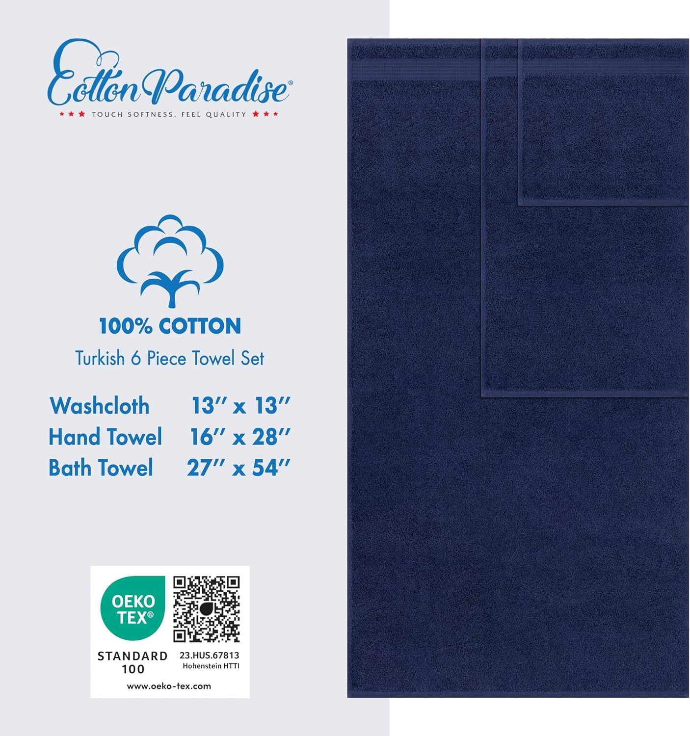 Cotton Turkish Towel Set, Soft Absorbent Quick Dry, 6 Piece Towel Set, Navy Blue